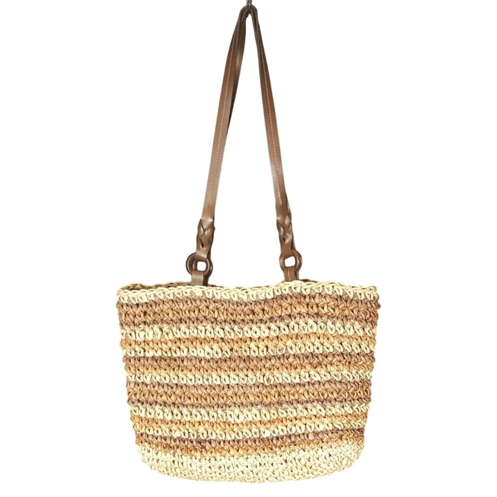 Vintage BOHO Y2K Corn Husk Tote • Multi‑Tonal • Faux Leather Straps • 14x14
